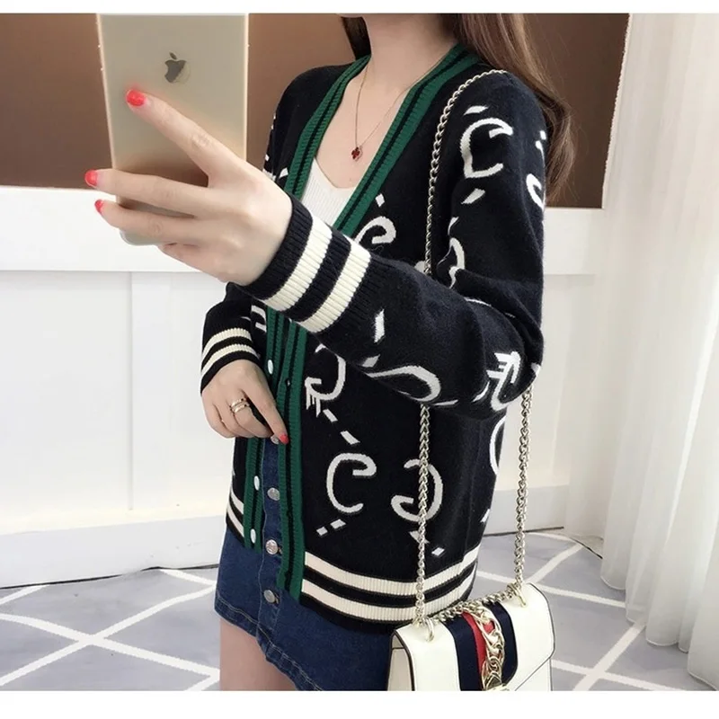 Autumn Winter Fashion Loose Printing V-neck Long Sleeve Sweater Coat Women Clothing All-match Patchwork Knitting Cardigan Tops