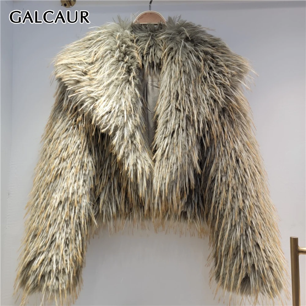 

GALCAUR Solid Spliced Fur Chic Jacket Female Lapel Long Sleeve Loose High End Women's Jackets Winter Style Fashion New Clothing