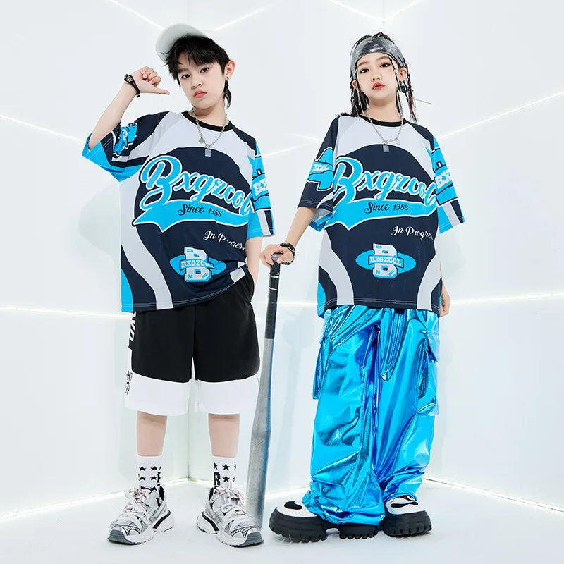 New Fashion Jazz Modern Dance Performance Stage Costumes for Girls Blue T Shirt Loose Pants Suit Boys Hip Hop Rave Clothes Sets