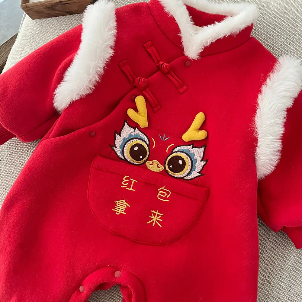 Baby Rompers Long Sleeve Winter Fleece Thicken Warm Newborn Boy Clothes Red Color Chinese Style New Year Baby Girl Onesie