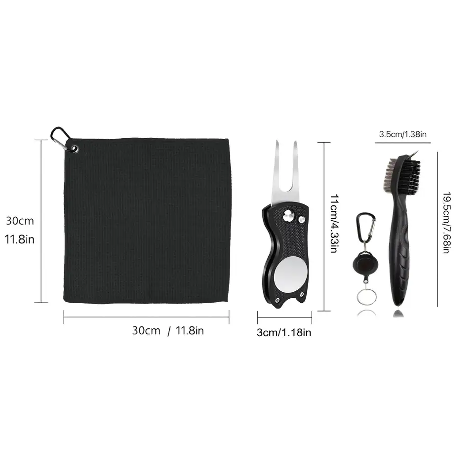 1 Pc Black Golf Towel Microfiber Waffle Pattern Golf Towel (30*30cm, 12*12in ) | Club Groove Cleaner Brush | Foldable Divot Repa - Detail Angle #05