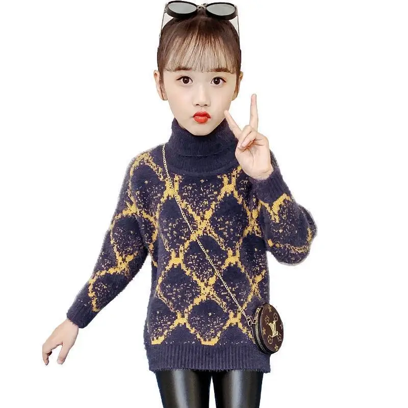 Girls Sweater for Autumn and Winter New Girls Fashion Children\'s High Neck Plush Sweater Winter Baby Girl Clothes Kids 2-12 Year