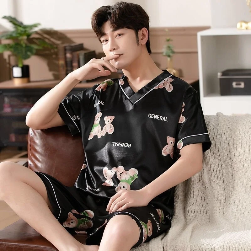 Pullover Silk Men Summer Trousers for Men Pajamas with Shorts New Leisure Tops Men Nightwear Home Shorts Satin Sleepwear