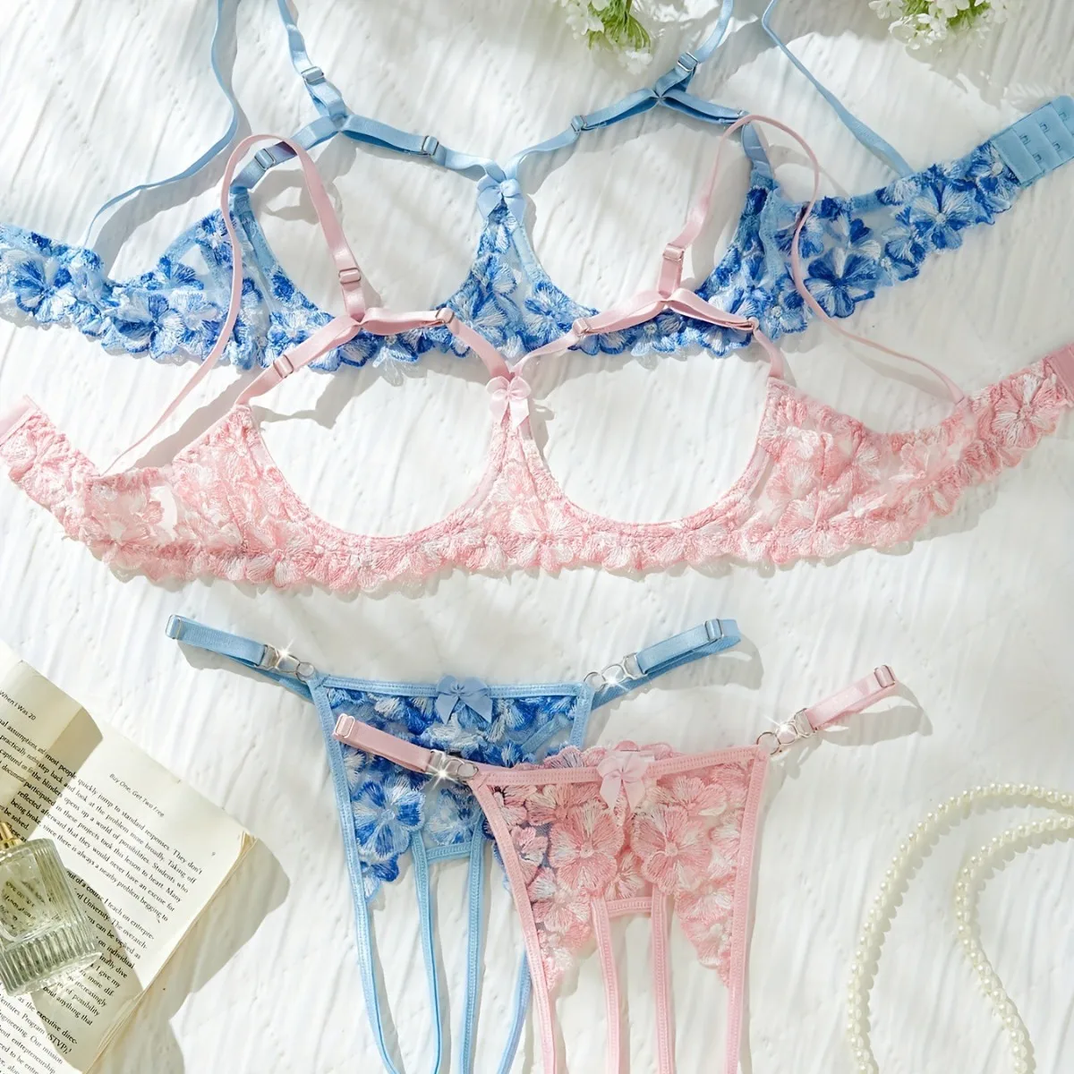 

Embroidery color collision comfortable hollow thin cups women's erotic lingerie set floral pink and blue ladies underwear
