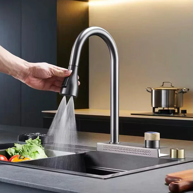 

Waterfall Kitchen Sink Faucet with 4 Modes Pull Out Spout Stainless Steel Black One Hole Deck Mounted Kitchen Water Mixer Tap