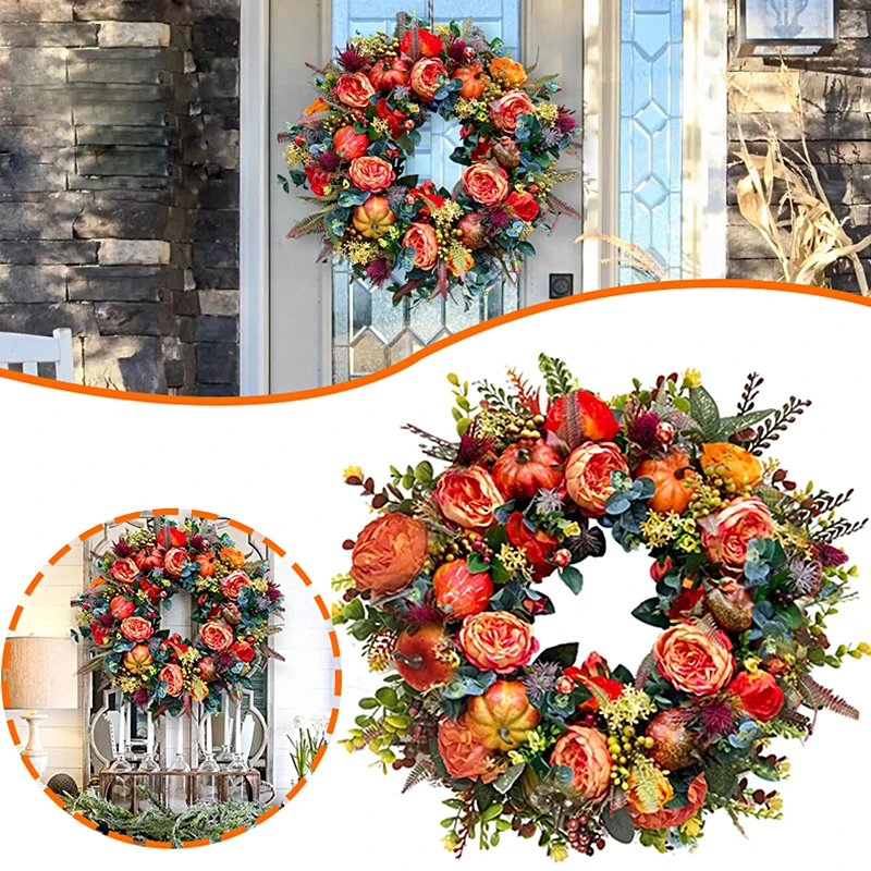 Thanksgiving Wreath Christmas Halloween Decoration Autumn Harvest Wreath Pumpkin Vine Door Hanging Festival Celebration 40x40cm