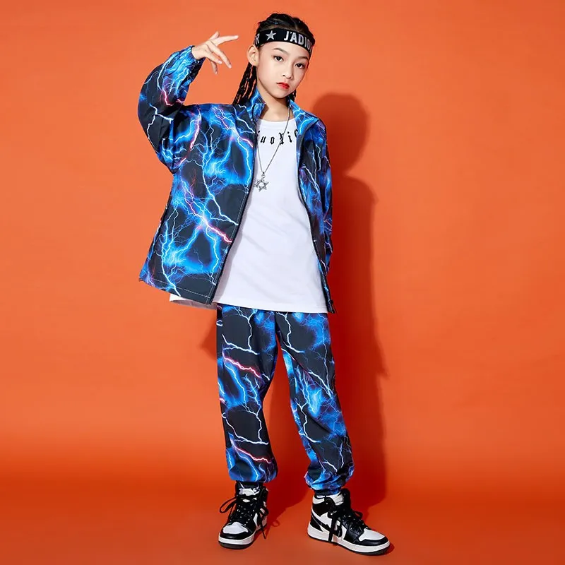 Kid Hip Hop Clothing Blue Lightning Windbreaker Zip Up Jacket Casual Jogger Pants for Girl Boy Jazz Dance Costume Clothes Set