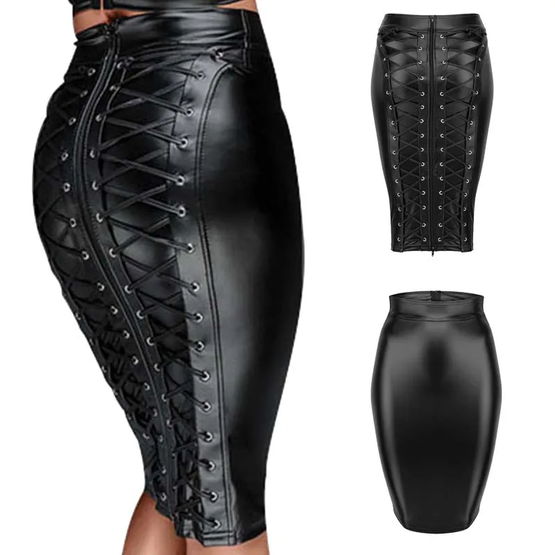 Women Leather Skirt Lace Up Zipper Pencil Skirt Steampunk Dress