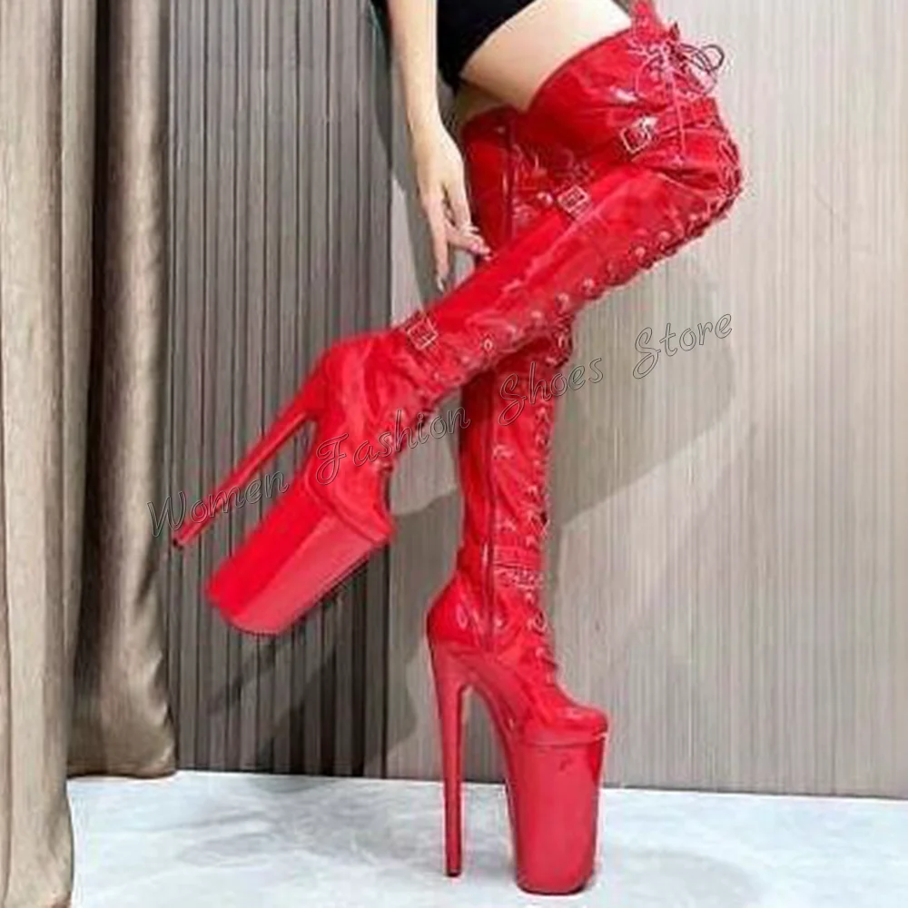 Buckle Decor Platform Lace up Boots Over the Knee Patent leather High Heel Shoes for Women Heels 2024 New Zapatos Para Mujere