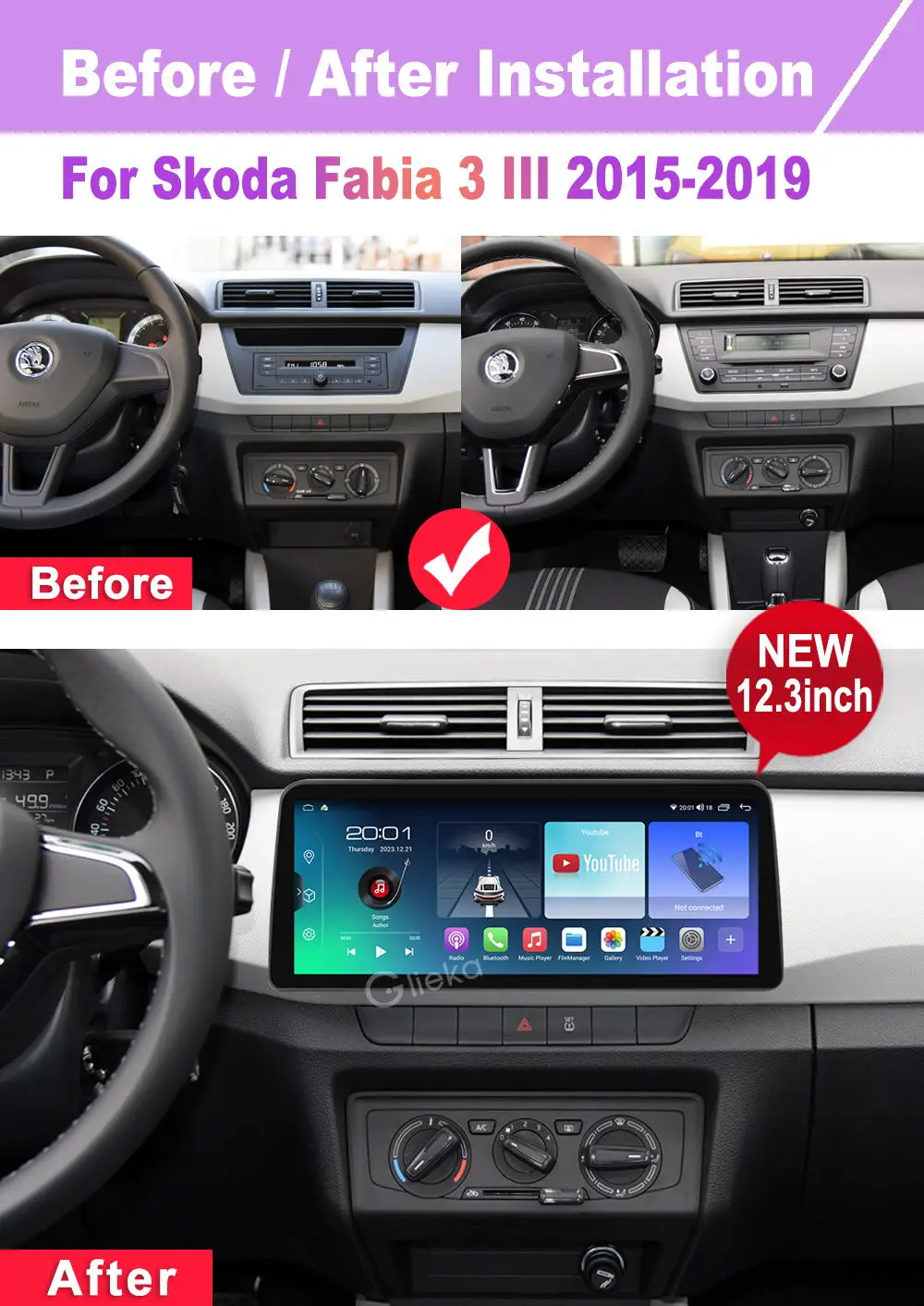 12.3 inch Carplay Screen Android For Skoda Fabia 3 III 2015-2019 Car Radio Stereo Multimedia Player GPS Navigation Head Unit