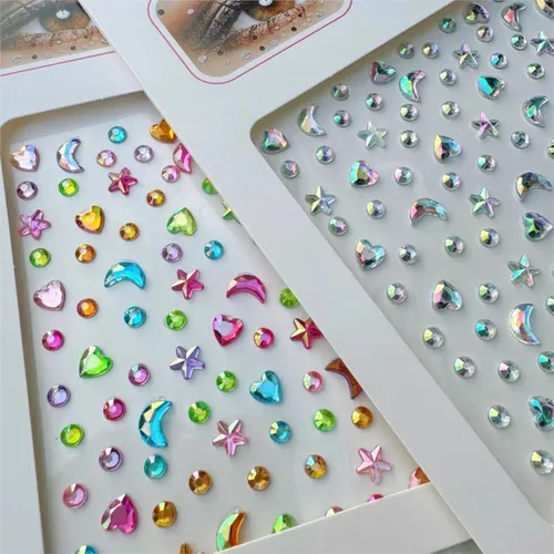 Imagen 1 del producto Gemas autoadhesivas ostentosas para cara/cuerpo, pegatinas 3D de estrella/luna/corazón/redonda para tatuajes temporales AB/transparente/rojo/azul, joyería para uñas