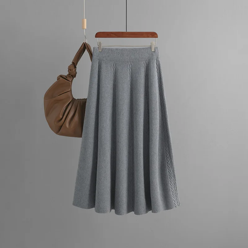 حار بيع الموسم الجديد منتصف طول ألف خط محبوك تنورة المرأة الخريف الشتاء ثنى الكاكي اللون نصف طول تنورة Matchin.