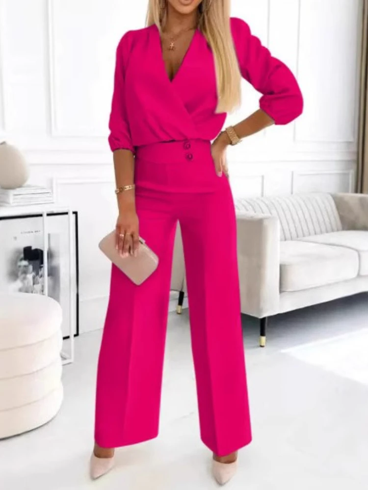 

Women Two Piece Sets Pant Set V Neck Full Sleeve Tops Wide Leg Long Pants High Waist Streetwear Elegant Splice Work