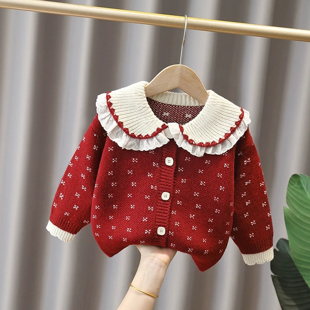 

Весенне-осенняя детская одежда для девочек, вязаный свитер с кружевной кромкой и плоской иглой, кардиган для детей, тканевый детский свитер на день рождения для девочек