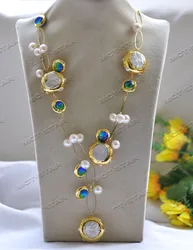 MTC·STAR Z12774 Set White Round Pearl Gold-Plated Bead Blue Murano Glass Necklace Bracelet Earring