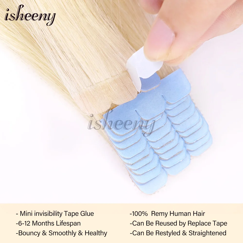 Isheeny Mini Tape in Human Hair Extensions Easy to Wear at Home Invisible Adhesive Seamless Tape in Hair Machine Remy 12”-24“