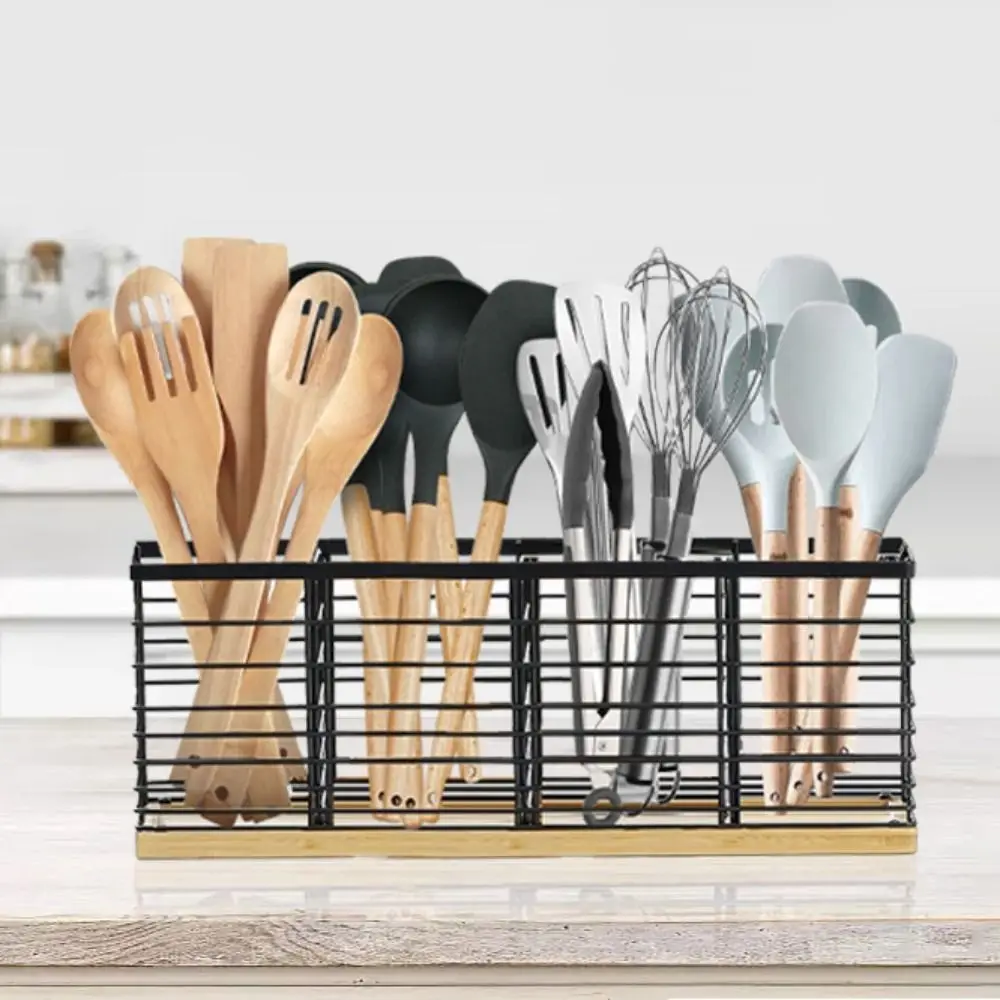 

Large Capacity Cooking Utensils Storage Basket Detachable 4 Compartment Cutlery Holder Drainable Ventilated