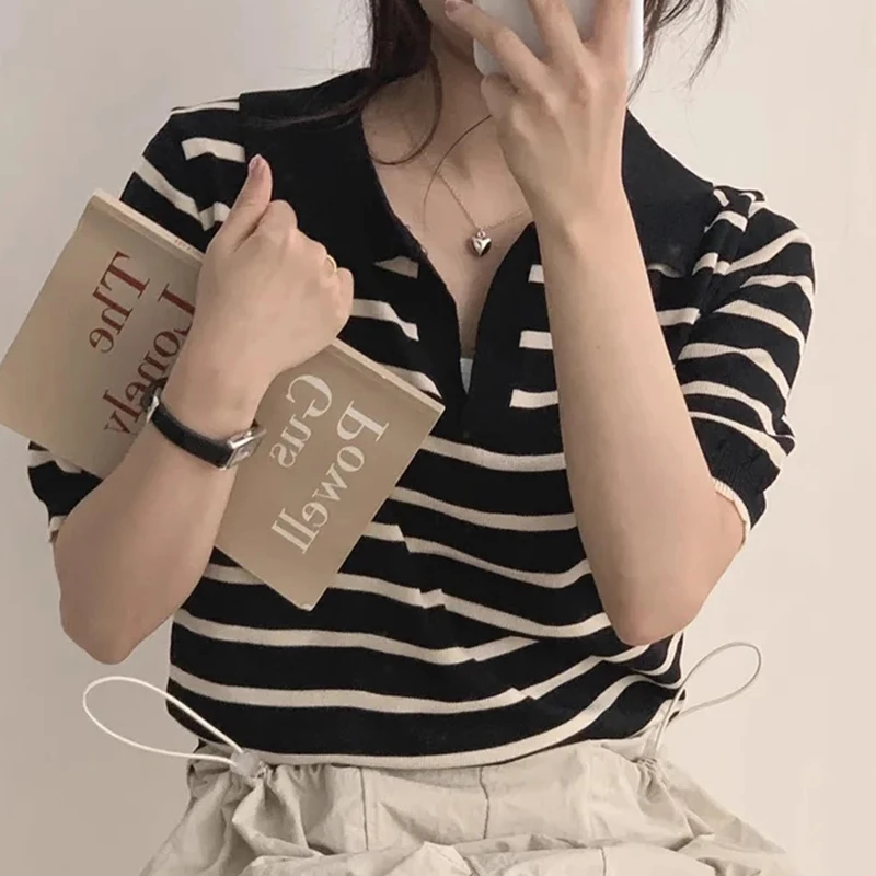 Chic Summer Vintage  Ne Color Blo Casual Loose ort Sve Striped Knitted Top Women's Korean Sle Commute Faion