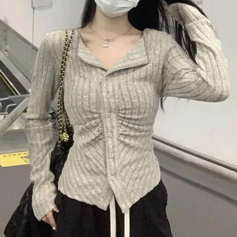 

Korean Chic Slim Fit Single Breasted Cardigan Y2k Aesthetic Street O-neck Long Sleeve Jumpers 2024 Fall Casual All-match Jumper
