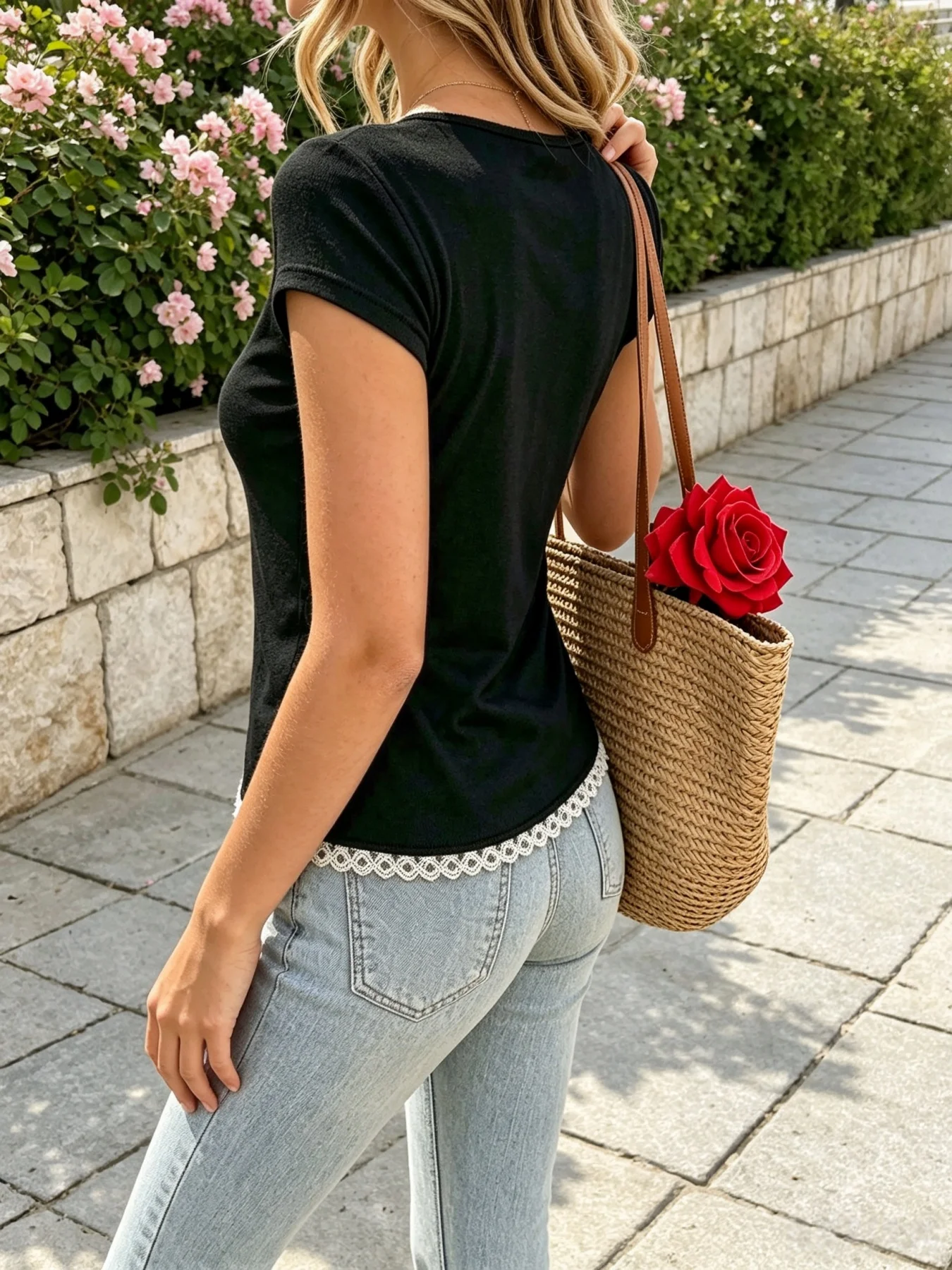 Women Lace V Neck Short Sleeve T-Shirt Front Button Split Hem Slim Casual Summer Basic Tee Top