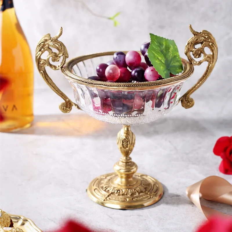 Brass Crystal Glass Fruit Bowl Binaural Fruit Plate Decorative Bowl Snack Tray Salad Bowls Cake Pan Dessert Plate Dim Sum Dish