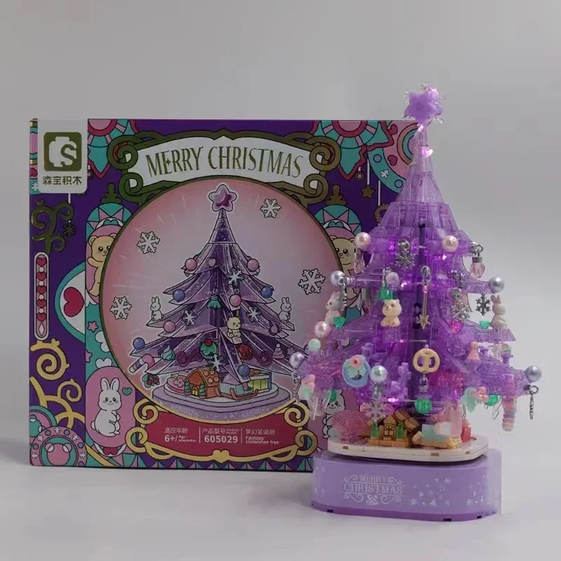 SEMBO Fantasy Christmas Tree Building Blocks Kawaii Assembled Children's Toys Decoration Gifts Luminous Music Box Ornaments