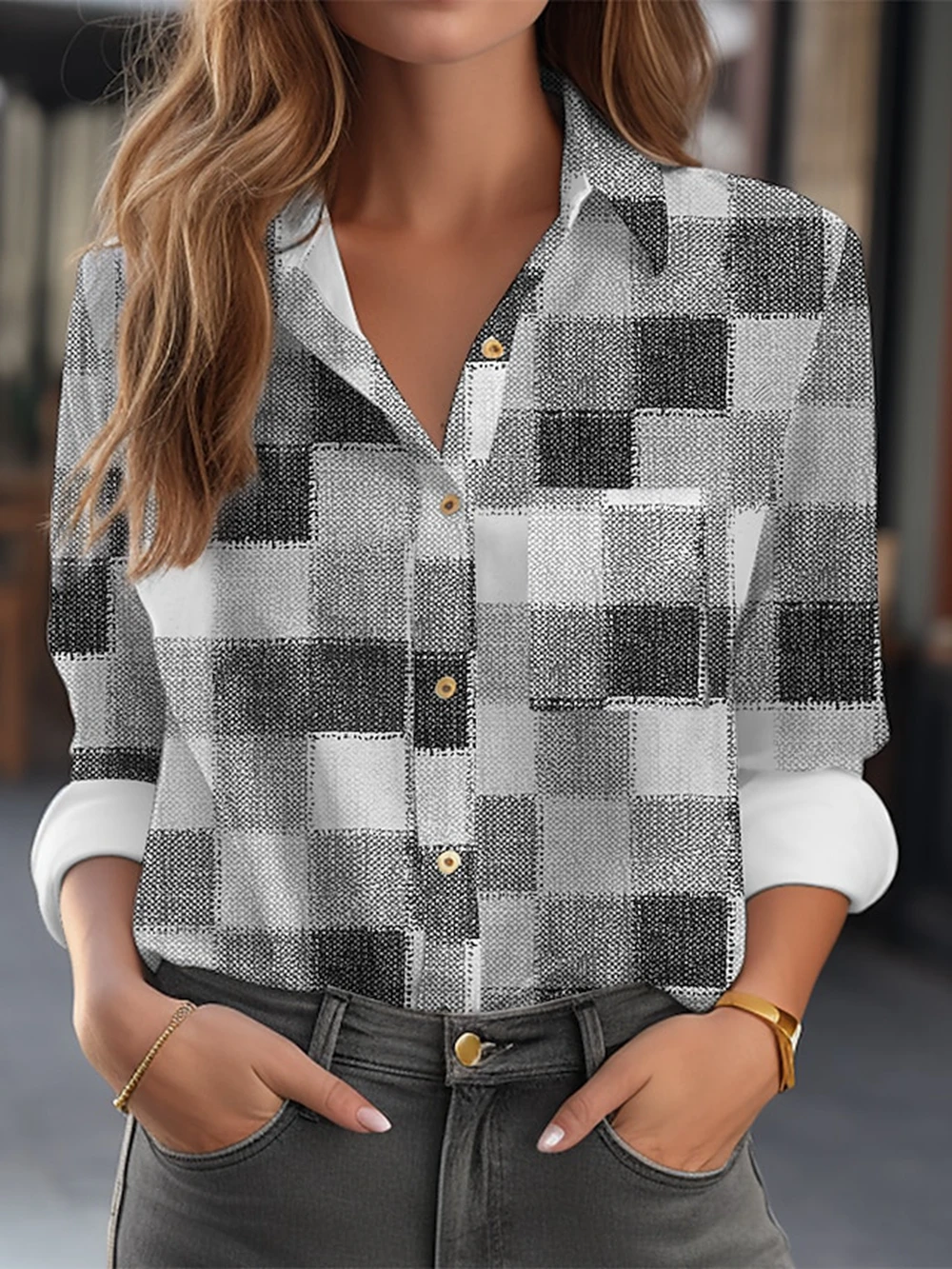 Women's Shirts & Blouses Grey Purple Vintage Plaid Print Button Long Sleeve Casual Shirt Collar Fit 2024 Spring & Fall Tops