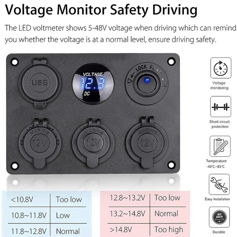 462A 4.2A Car Aluminum On/Off Power Button Toggle Switch Panel with LED Voltmeter 12V