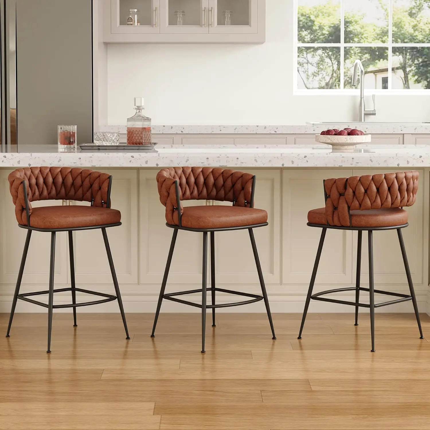 

24inch Bar Stools Set of 3, Counter Height Bar Stools, Suede Fabric Bar Chairs with Woven Back and Footrest for, Customized