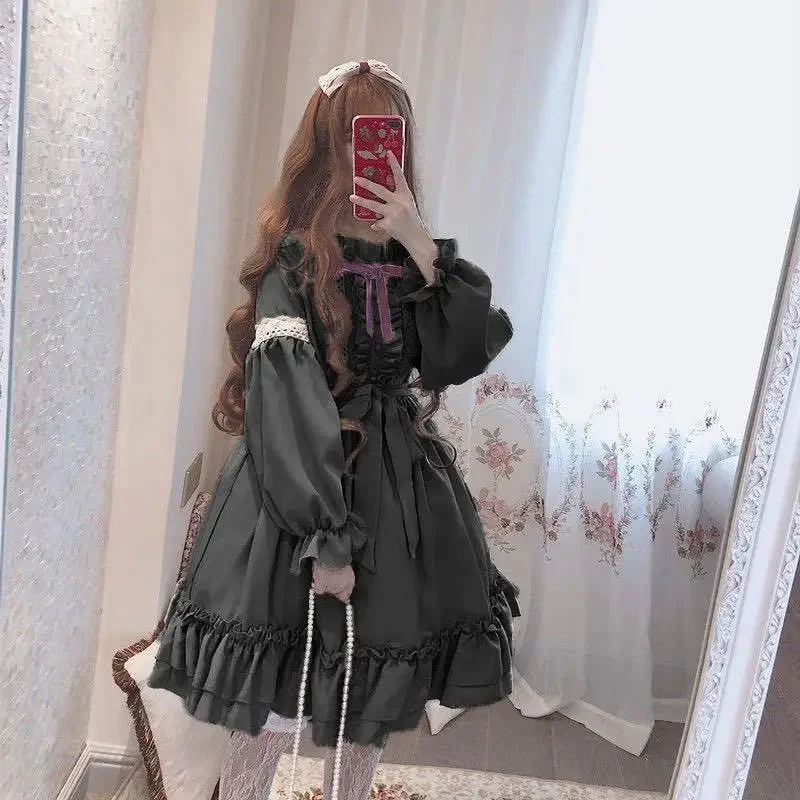 Alice In Wondeland Donne Carine Lolita OP Vestito Balze Lace Trim Giapponese Harajuku Maniche Lunghe Bambola Adolescente Vestito Fata Abiti