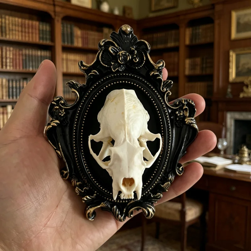 Real Mink Skull Frame Magnet 13×10cm, Gothic Taxidermy Art, Wall-Hangable Oddity Decor