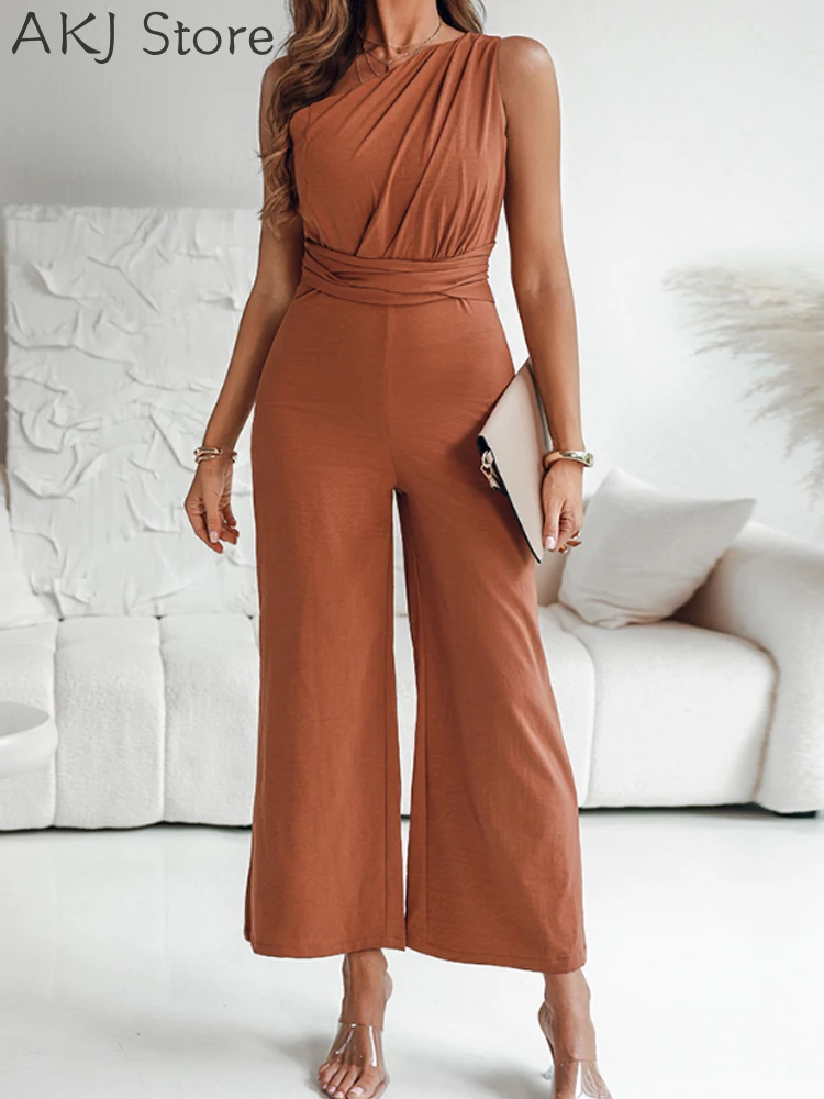 

One Shoulder Sleeveless Ruched Zipper Side Overalls Tied Detail Elastic Waist Wide Leg Jumpsuit
