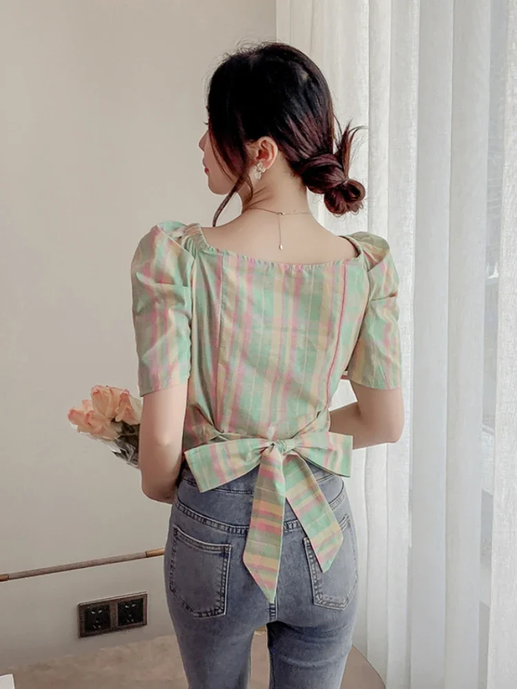 Fashion Vintage Blouses V Neck Puff Sleeve Bandage Pleated Plaid Shirts Summer Female Slim Crop Top Chic All Match Women Clothes