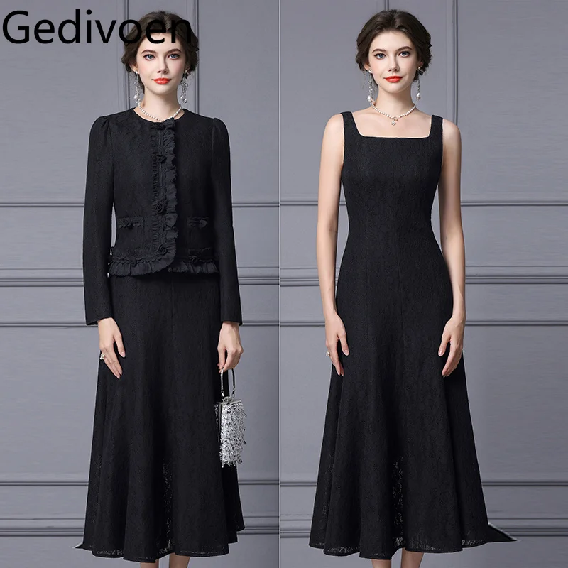 

Gedivoen Черный кружевной однотонный комплект из двух предметов для торжественных случаев, куртка с длинными рукавами, модный и изысканный