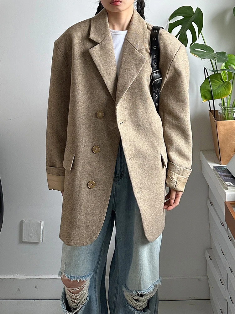 

Свободный шерстяной пиджак цвета хаки с подплечниками, универсальный, элегантный, женский, премиум-качество, весенняя модная верхняя одежда