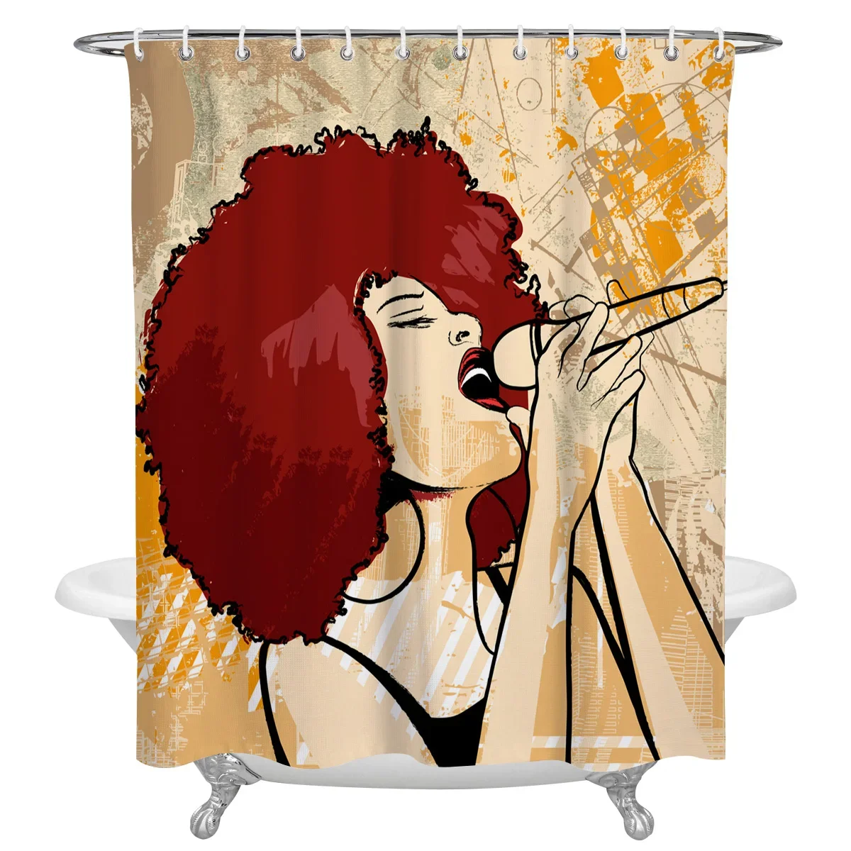 Woman Singing Afro Singer Microphone Waterproof Bathroom Decoration Shower Curtain With Hook Bath Curtains Bathroom Accessories