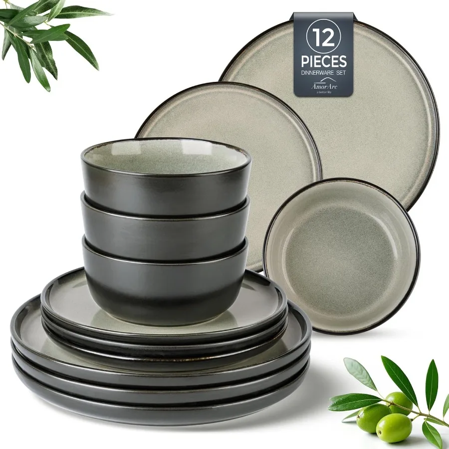 

Stoneware Dinnerware SetsRound Reactive Glaze Plates and Bowls Set Highly Chip and Crack Resistant Dishwasher and Microwave Saf