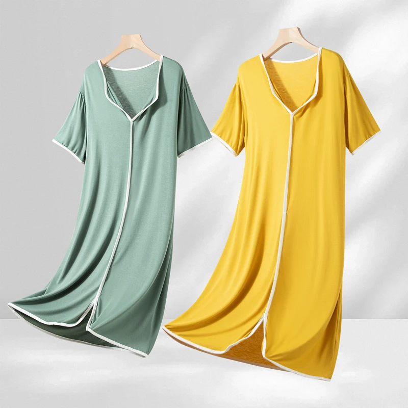 Modale Home Clothes Dress Women Summer Short Sleeve Midi Length Sleepwear Robe Small Collar Casual Comfortable Nightgown