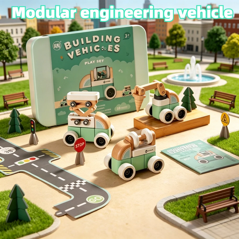 Wooden Toy Assembly Engineering Vehicle Large Piece Building Blocks Educational Toy Car Set Birthday Holiday Gift