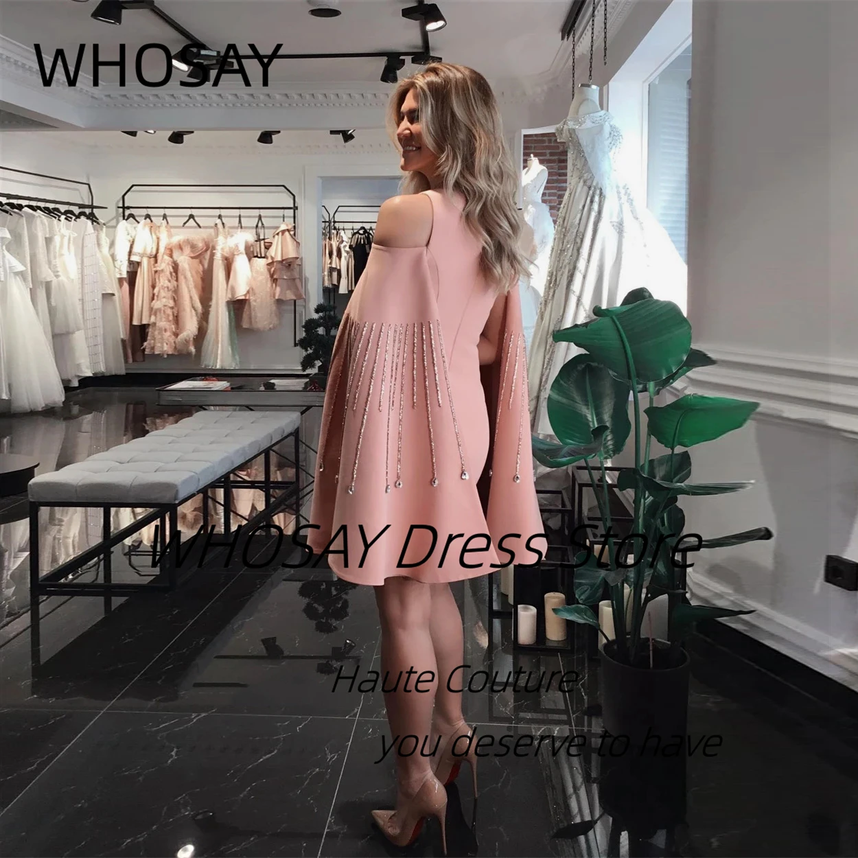 WHOSAY Customized Beaded Flutter Sleeves Prom Dresses Zipper Back Special Occasion Dress Mini Satin Robe Des Cocktail Party Gown