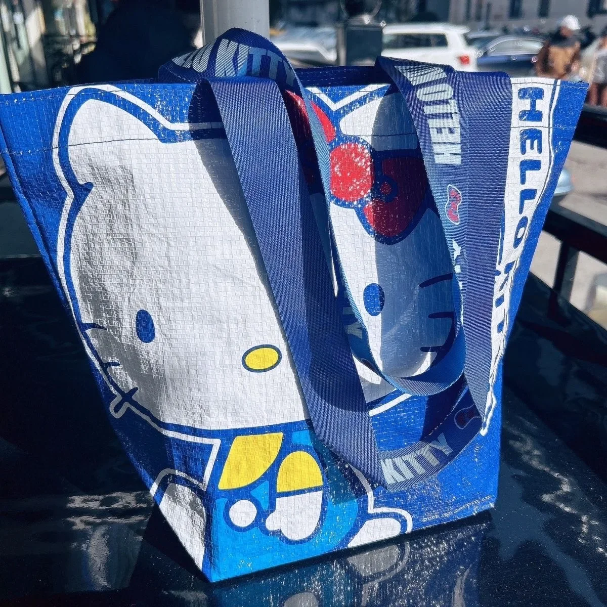 

Hellokitty Shopping Bag Fashion Blue Eco-friendly Woven Tote Anime Cartoon Sanrio Peripheral Printed Women's Shoulder Bag Gift