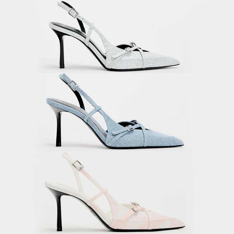 

Spring New Arrival Women's Blue Denim High Heel Mule Sandals Cross Band Fashionable PU Lined Glue Stick Shoes for Daily Use