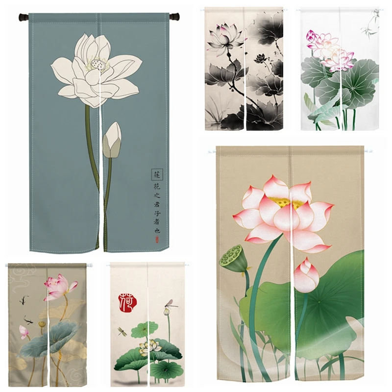 Chinese Lotus Door Curtain Restaurant Japanese Kitchen Izakaya Partition Curtain Painting Drape Entrance Hanging Half-Curtain