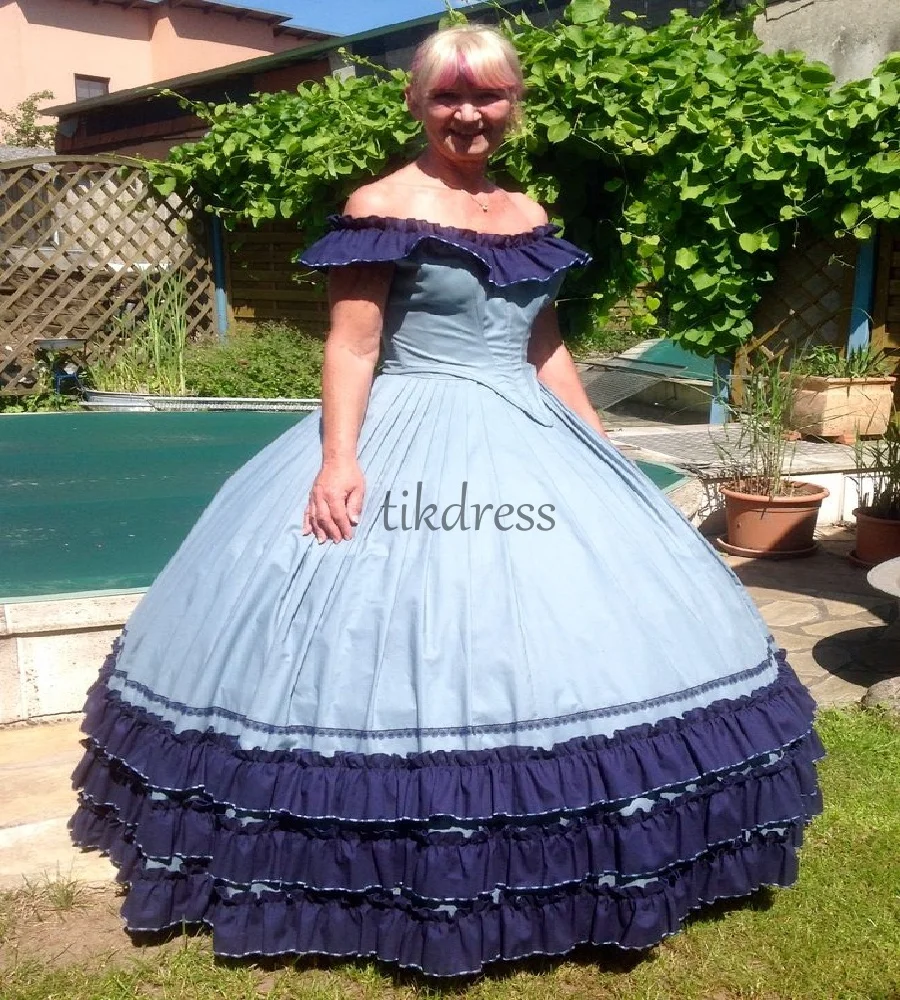 

Romantic 1860s Blue Navy Prom Dress Historical Bustle Off Shoulder Civil War Evening Dress Vintage Formal Party Gown Customized