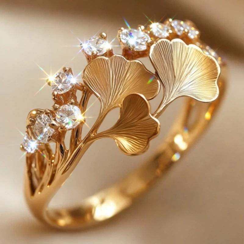 Delicate Synthetic Zirconia Ginkgo Biloba Leaf Charm Ring Women's Golden Elegant Luxury Banquet Party Finger Jewelry Accessories