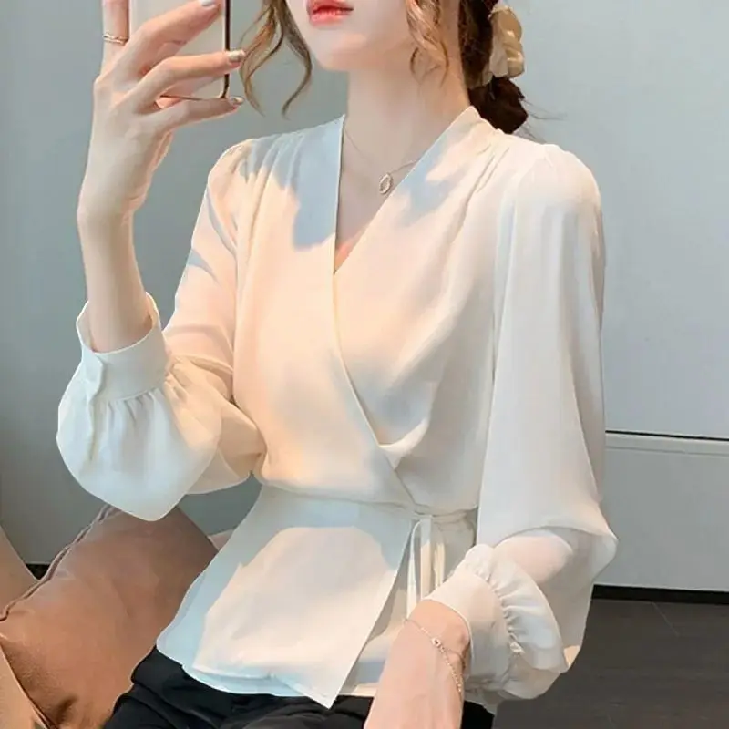 Shirt Temperament Long Sleeved Autumn Top Solid Color Year Lace Up Women\'s New Collection Waist Cross Chiffon Shirt Fashionable