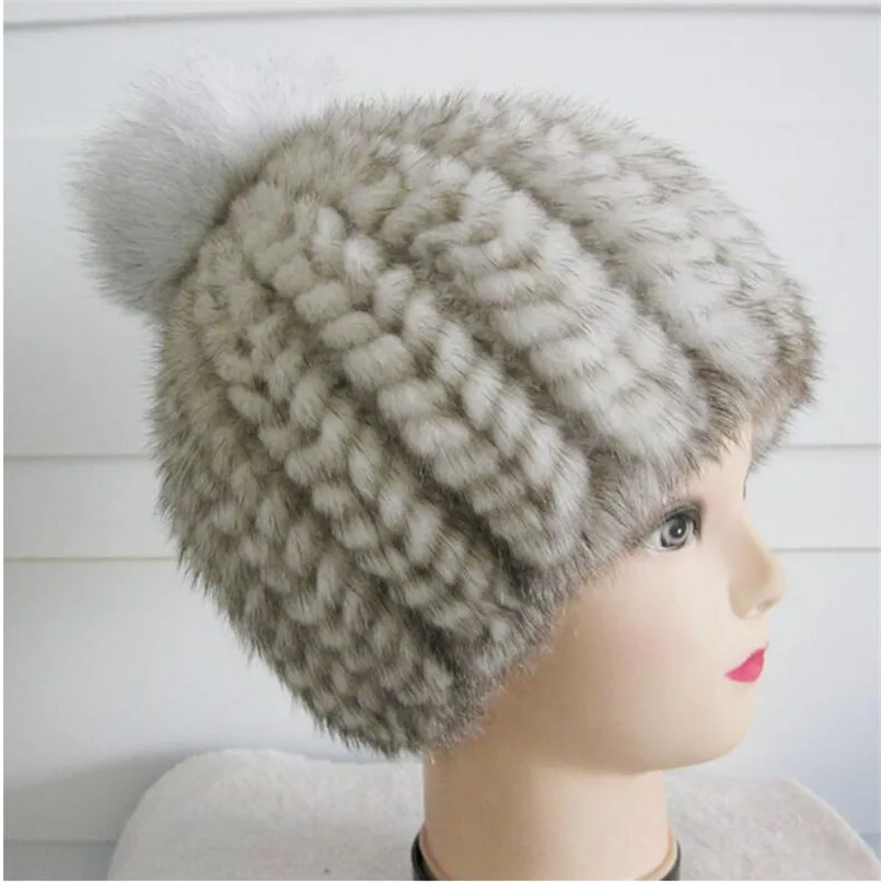 قبعة مريحة مخططة من فرو المنك والثعلب - قبعة شتوية دافئة محبوكة مع كرة كبيرة فاخرة، أزياء نسائية أنيقة #5