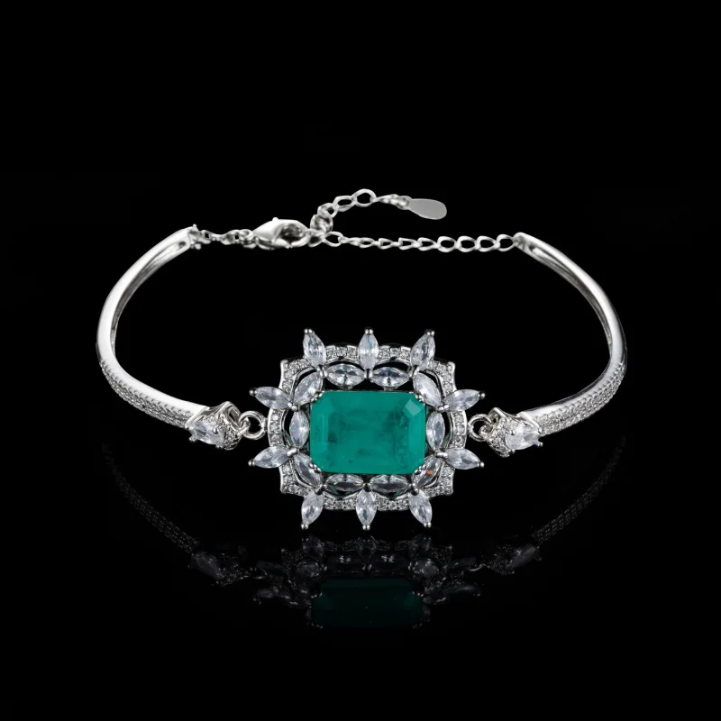 European and American Style Bracelet with Rectangular Inlaid Gemstone, Paraiba Emerald Women's Bracelet