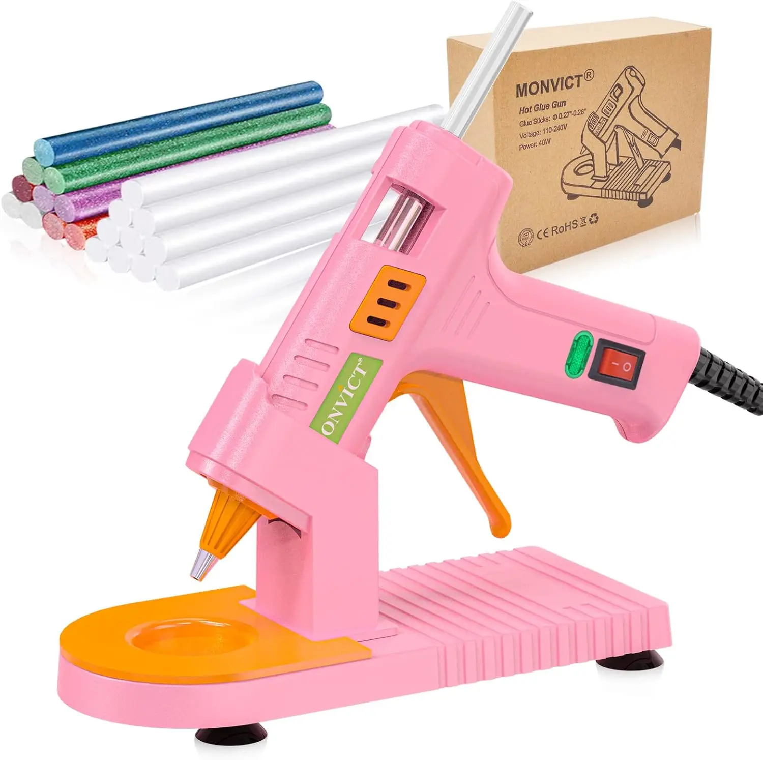 Mini Hot Glue Gun Kit with Stand, Silicone Mat & 30 Glue Sticks, Precision Tip, On/Off Switch, 40W Fast Heat for DIY Crafts Home School