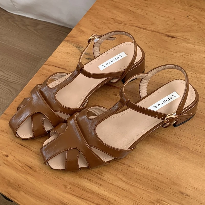 

Fashion Hollow T-tied Design Brand Sandals Women Comfort Ankle Strap Buckle Chunky Heel Rome Shoes Summer Dress Zapatos De Mujer